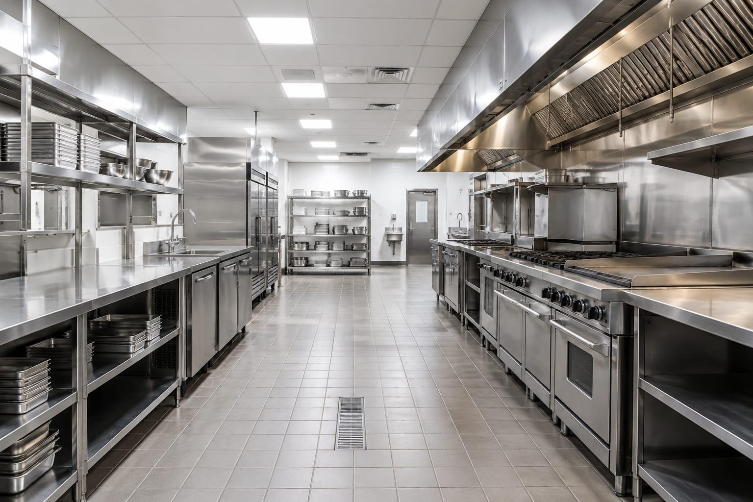 Clean, empty commercial restaurant kitchen with stainless-steel counters