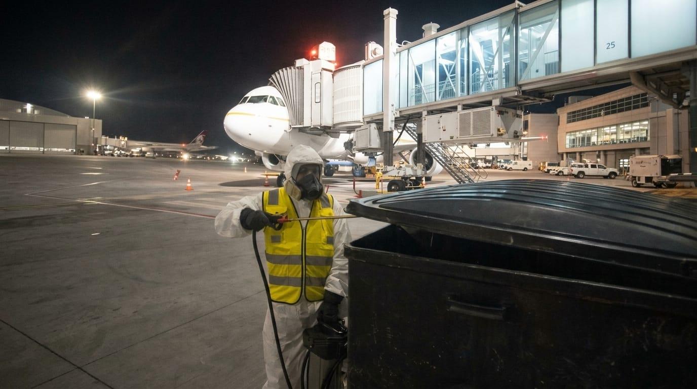 Technician in a protective suit and respirator spraying a large waste bin outdoors at night, with a parked passenger jet behind